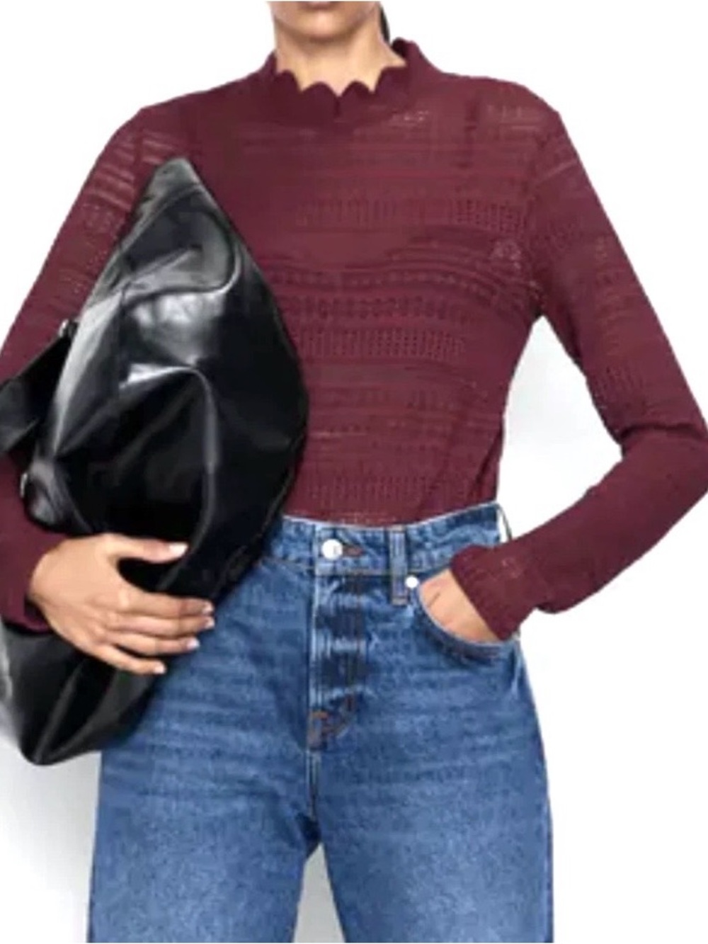 ZARA Pointelle Open Kit Long Sleeve Burgundy Small Boho Layering Top Crochet EUC